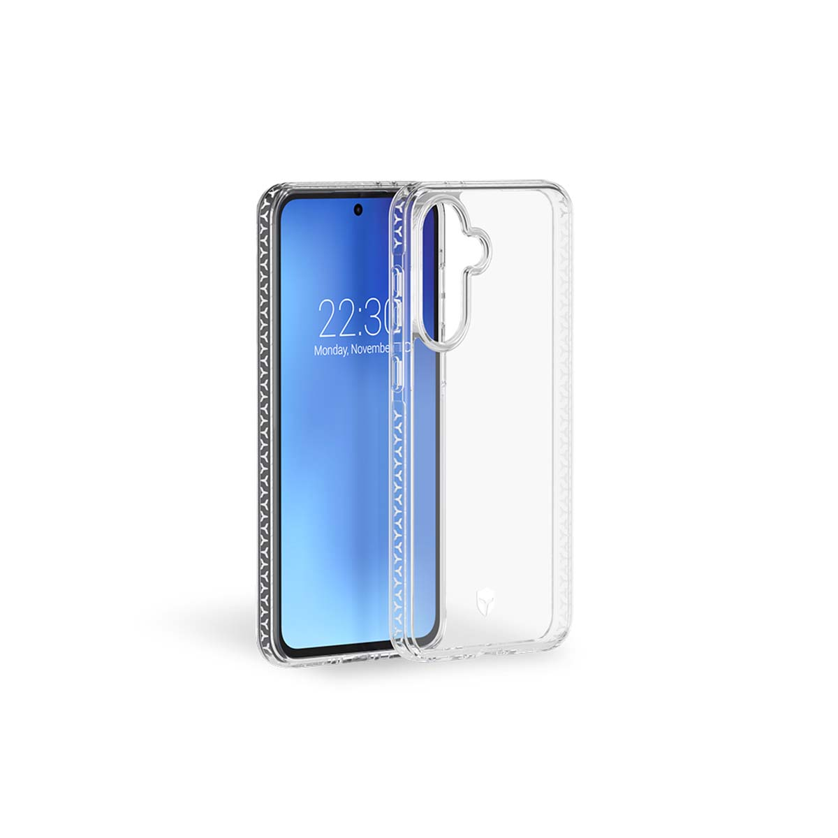 Uno smartphone all'interno di una custodia protettiva trasparente, che mostra l'ora.