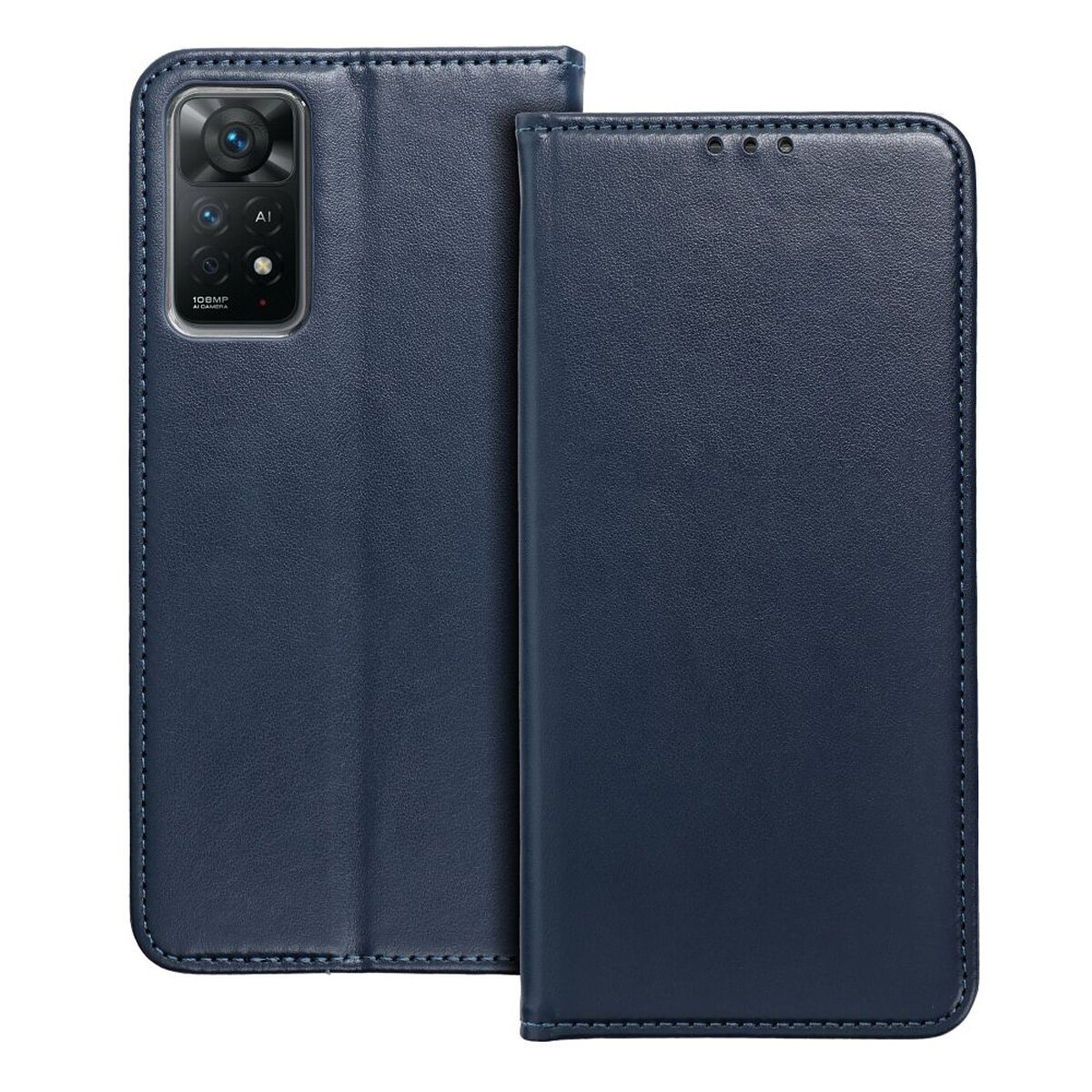 Blaue Handyhülle, offen, zeigt Telefonkamera. Lederstruktur.