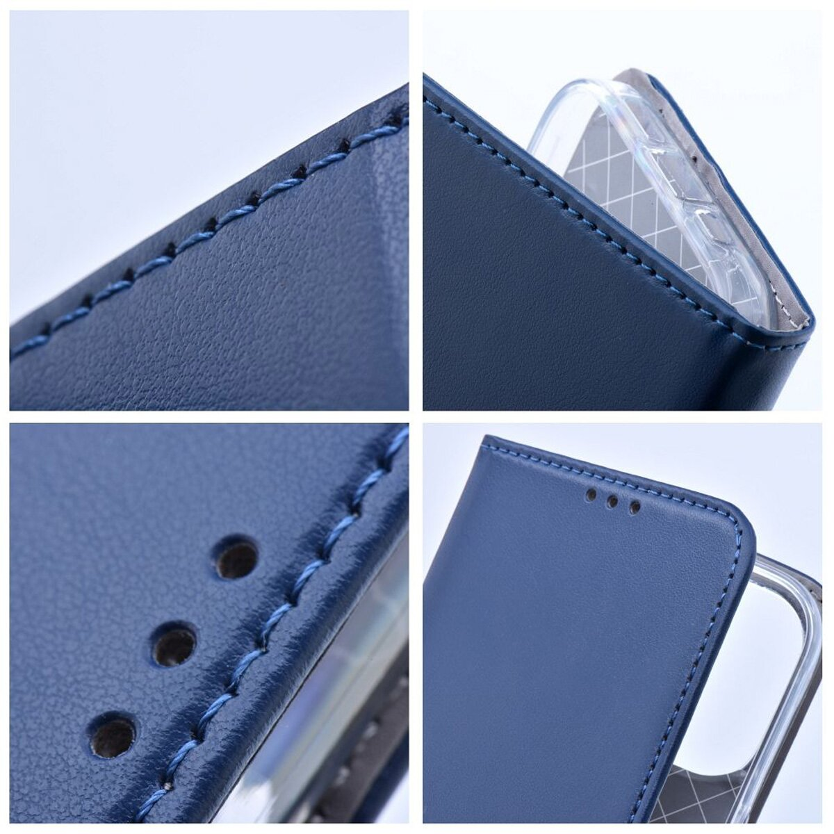 Nahaufnahme einer blauen Handyhülle mit Nähten und Details.