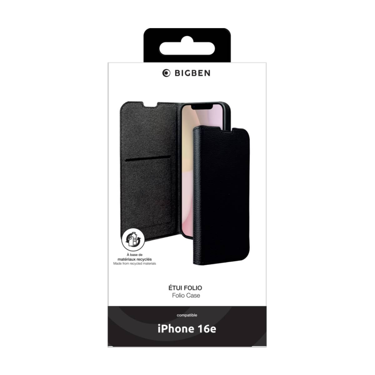 Custodia a libro nera compatibile con iPhone 16e, in confezione. Sfondo bianco.