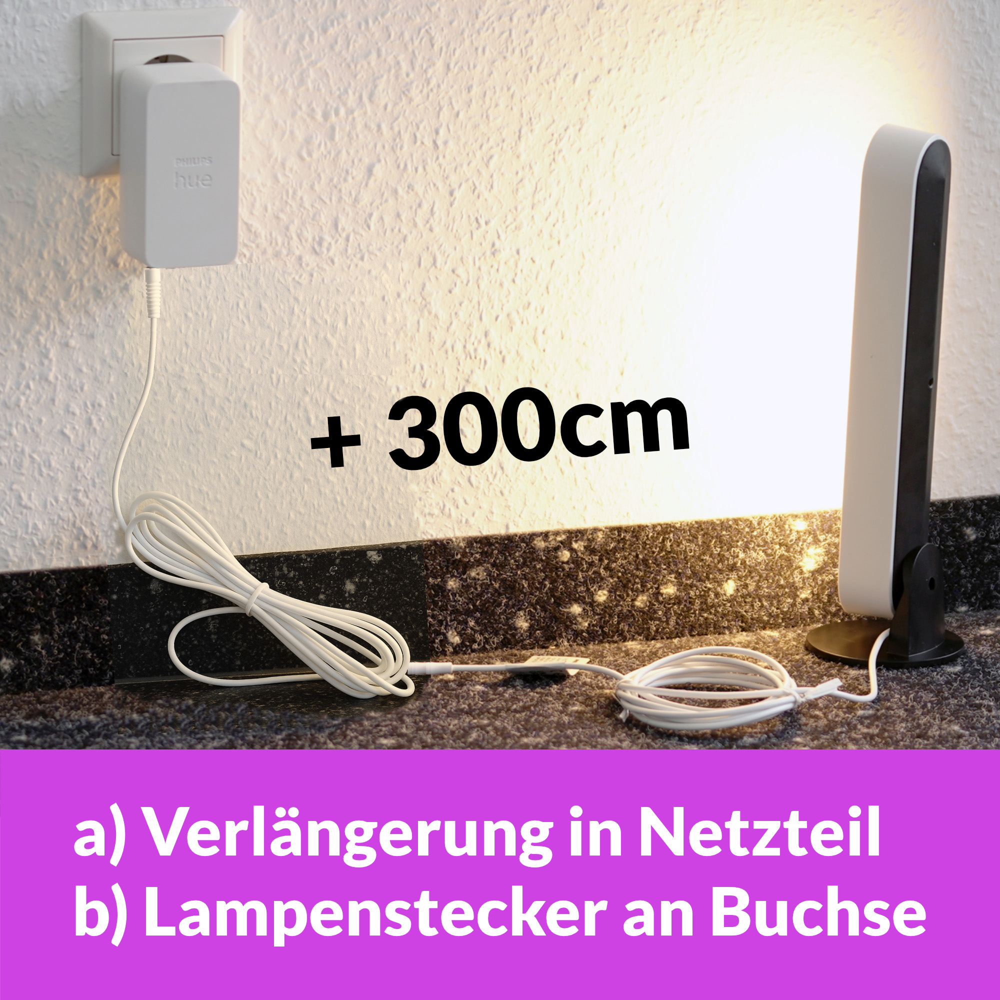 Weißes Smart-Licht mit Netzteil an der Wand, langem weißen Kabel und Text +300cm.