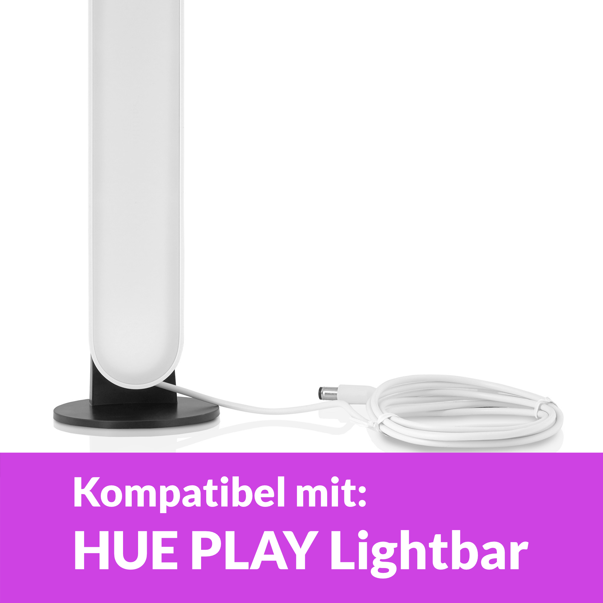 Ein weißer Lichtbalken mit Kabel, das mit einer schwarzen Basis verbunden ist. Der Text HUE PLAY ist sichtbar.