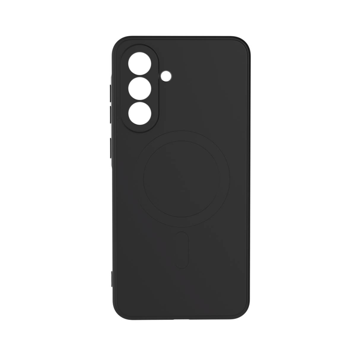 Custodia nera per telefono con tre fori per fotocamera e un cerchio magnetico su sfondo bianco.