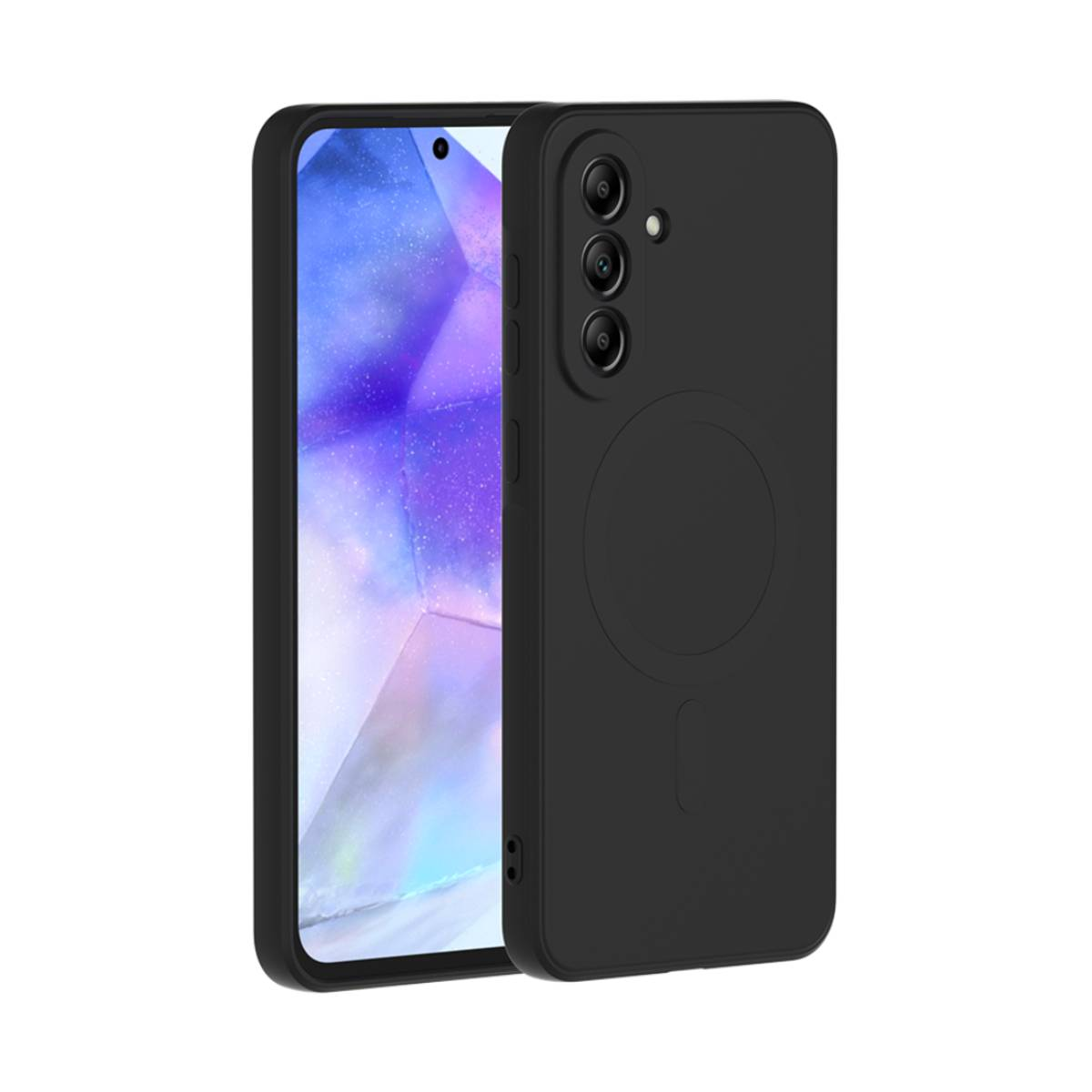 Una custodia per telefono nera con un telefono dentro. La custodia ha un cerchio magnetico.