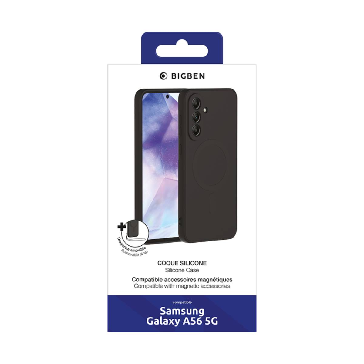 Custodia per telefono nera in una scatola. La confezione indica che è per Samsung Galaxy A56 5G.