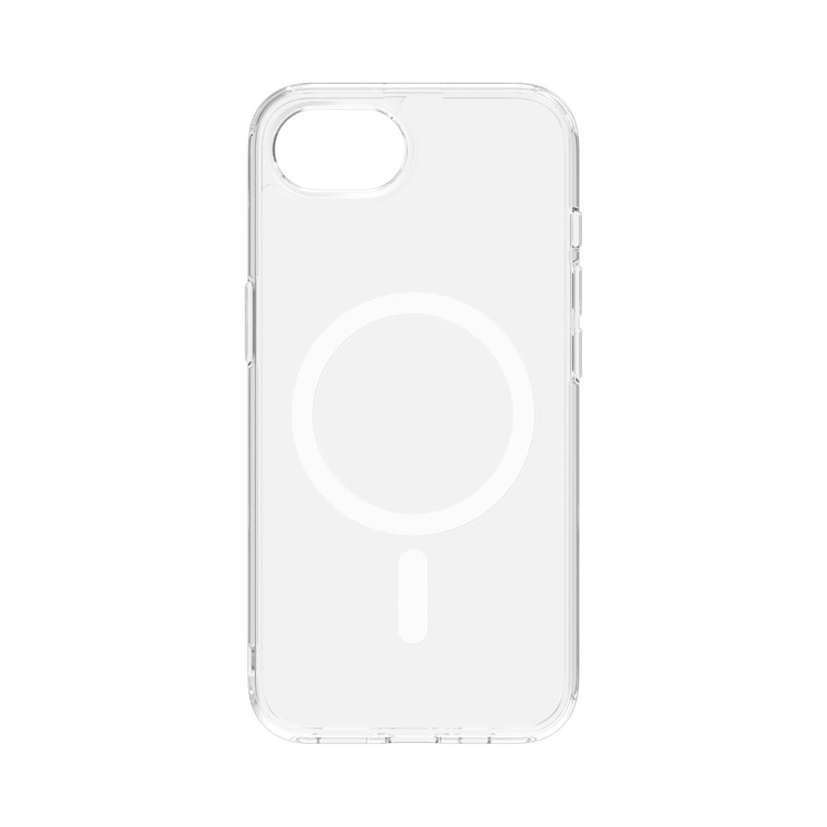 Custodia trasparente per telefono con un attacco MagSafe circolare e un ritaglio per la fotocamera.