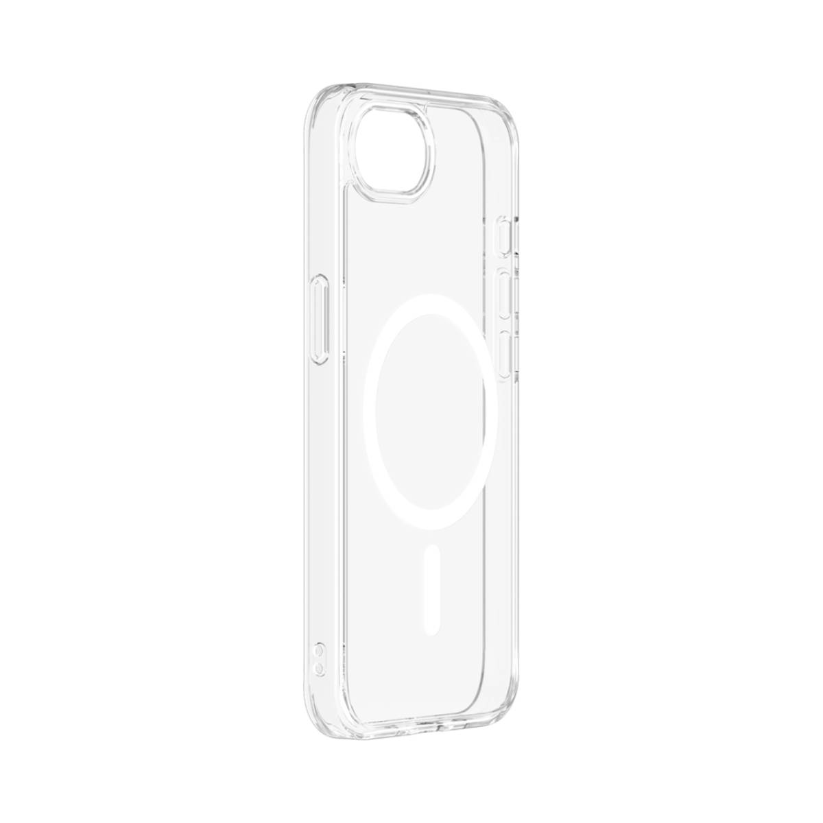 Custodia trasparente per iPhone vista di lato. È trasparente e ha un cerchio magnetico sul retro.