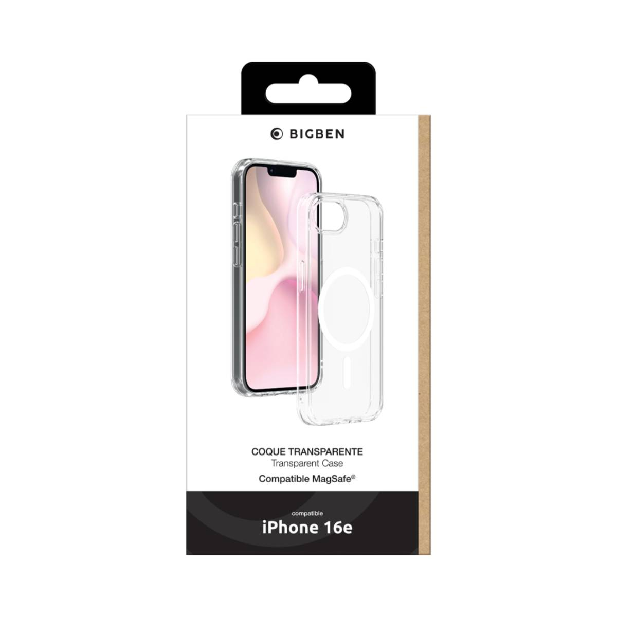 Confezione custodia per telefono, custodia trasparente con MagSafe, sfondo bianco, marchio Bigben.
