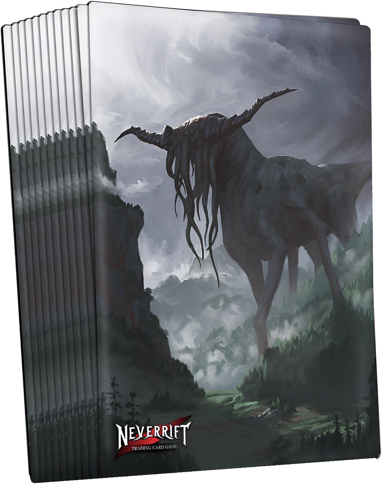 Neverrift Sammelkartenspiel-Pack mit Monsterillustration in nebliger Landschaft.