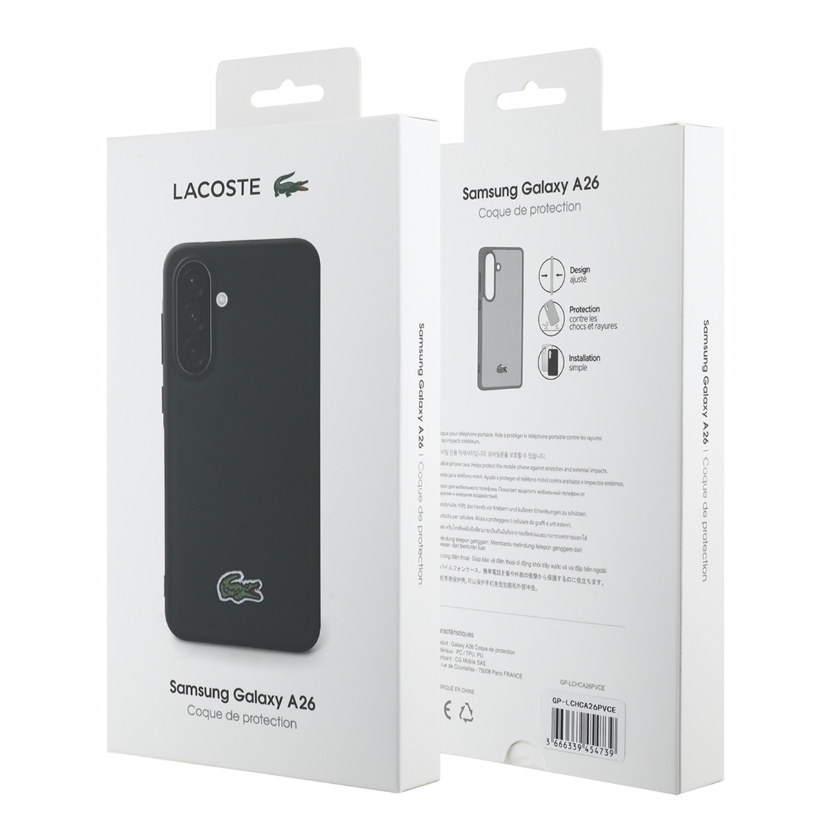 Dos cajas de una funda para teléfono, una muestra la funda y la otra la parte trasera.