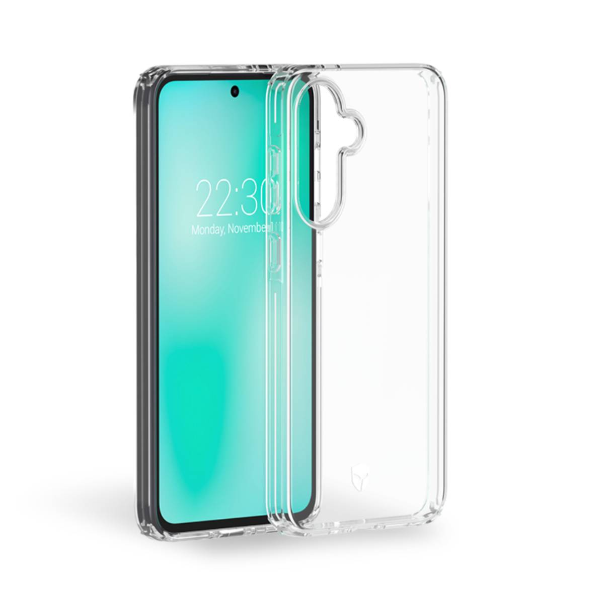 Una custodia trasparente per telefono con un telefono all'interno che mostra l'ora.