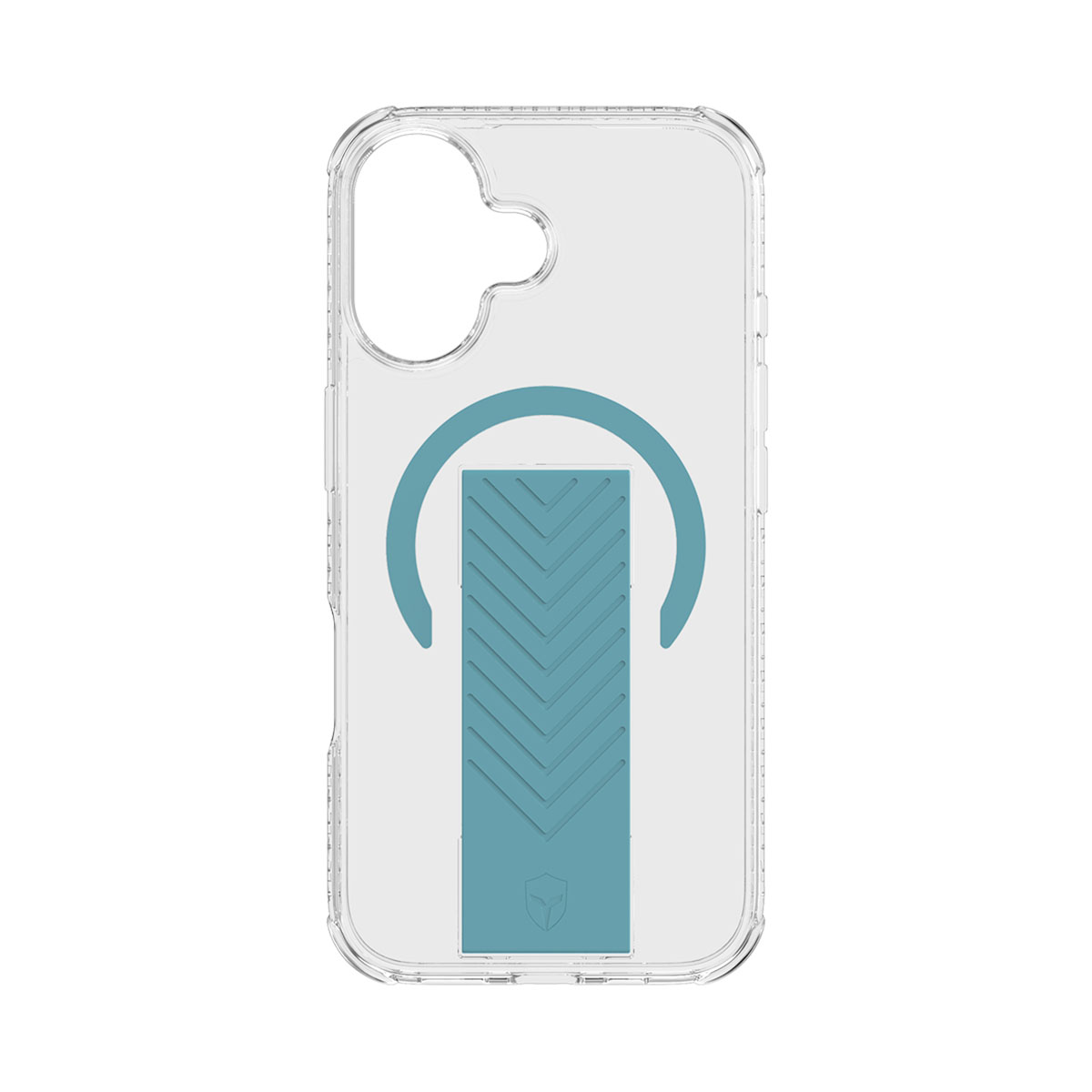 Una custodia trasparente per telefono con un'impugnatura pop-up blu sul retro, su sfondo bianco.