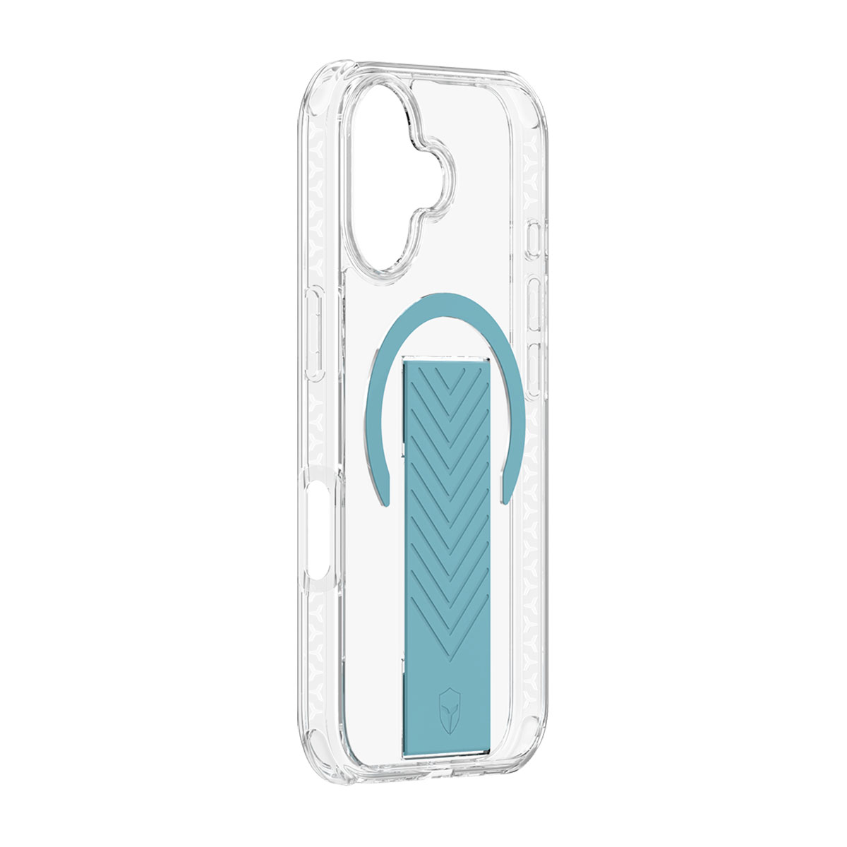 Una custodia trasparente per telefono con un supporto blu per un telefono.