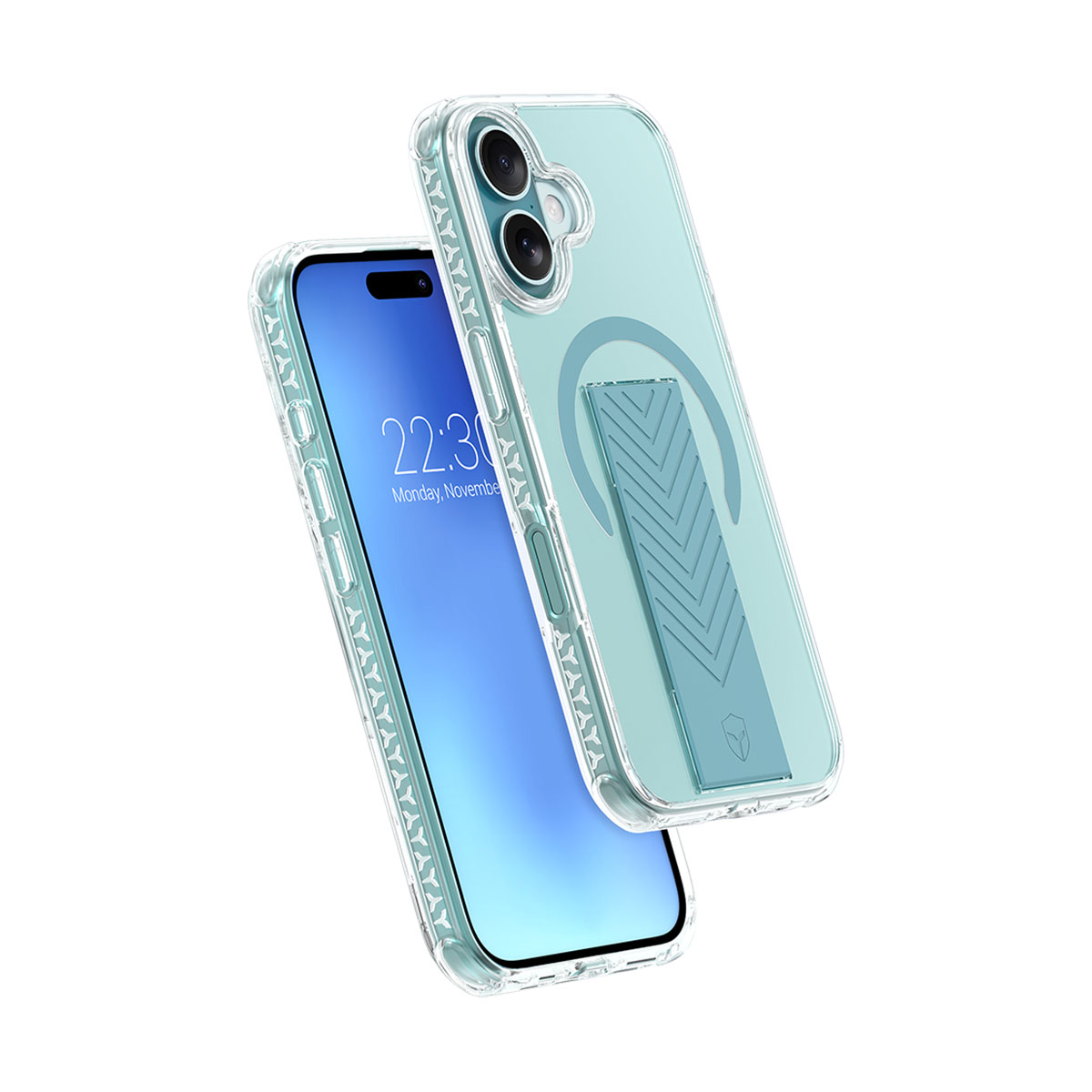 Una custodia trasparente per telefono con un supporto blu attaccato e un telefono con schermo blu.