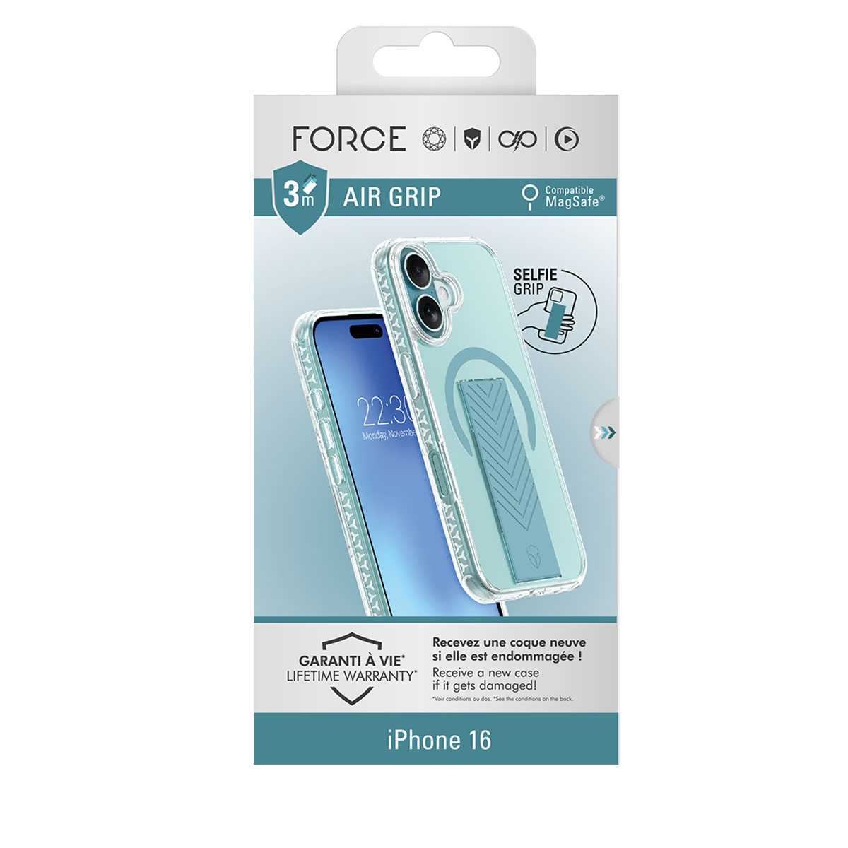 Scatola della custodia del telefono con un'immagine di un telefono all'interno. Ha un design blu e testo.