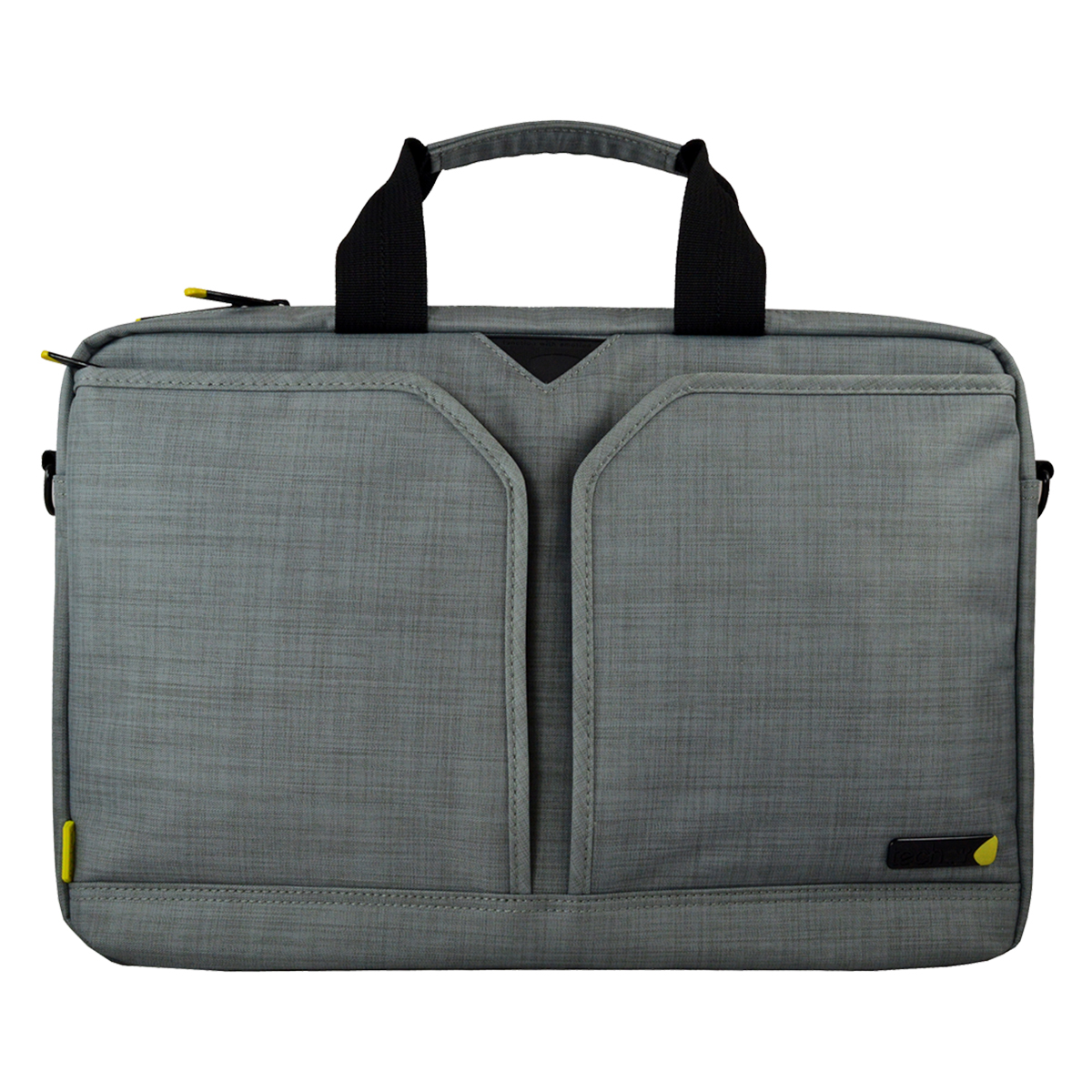 Graue Laptoptasche mit zwei Vordertaschen, schwarzen Griffen und gelben Akzenten. Die Tasche ist geschlossen.