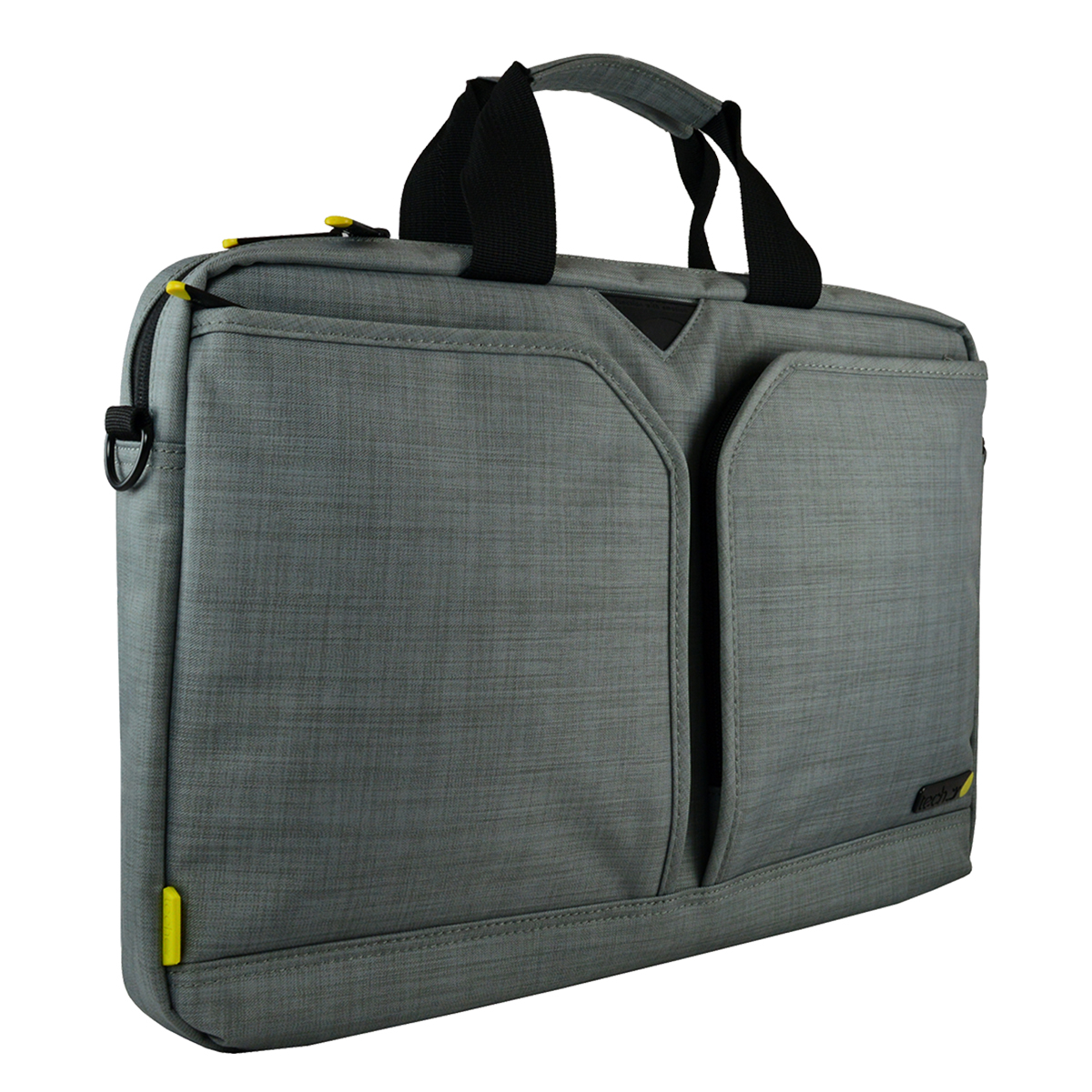 Graue Laptoptasche mit gelben Akzenten. Griff und Taschen sichtbar. Auf Weiß isoliert.