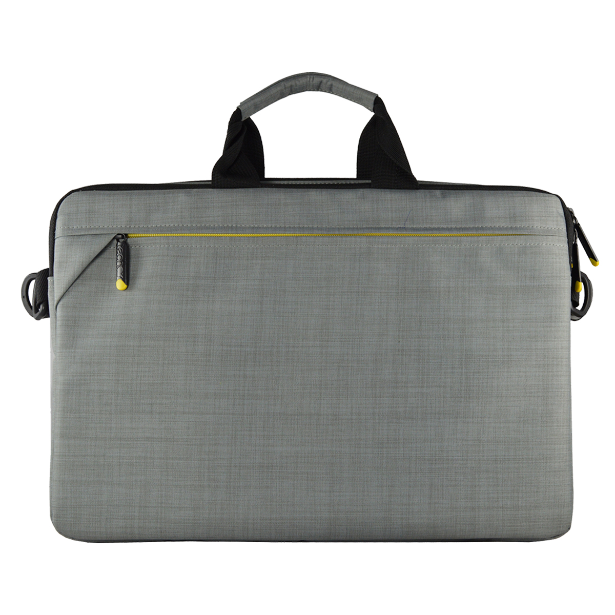 Graue Laptoptasche mit Griff und Reißverschluss. Der Reißverschluss ist gelb.