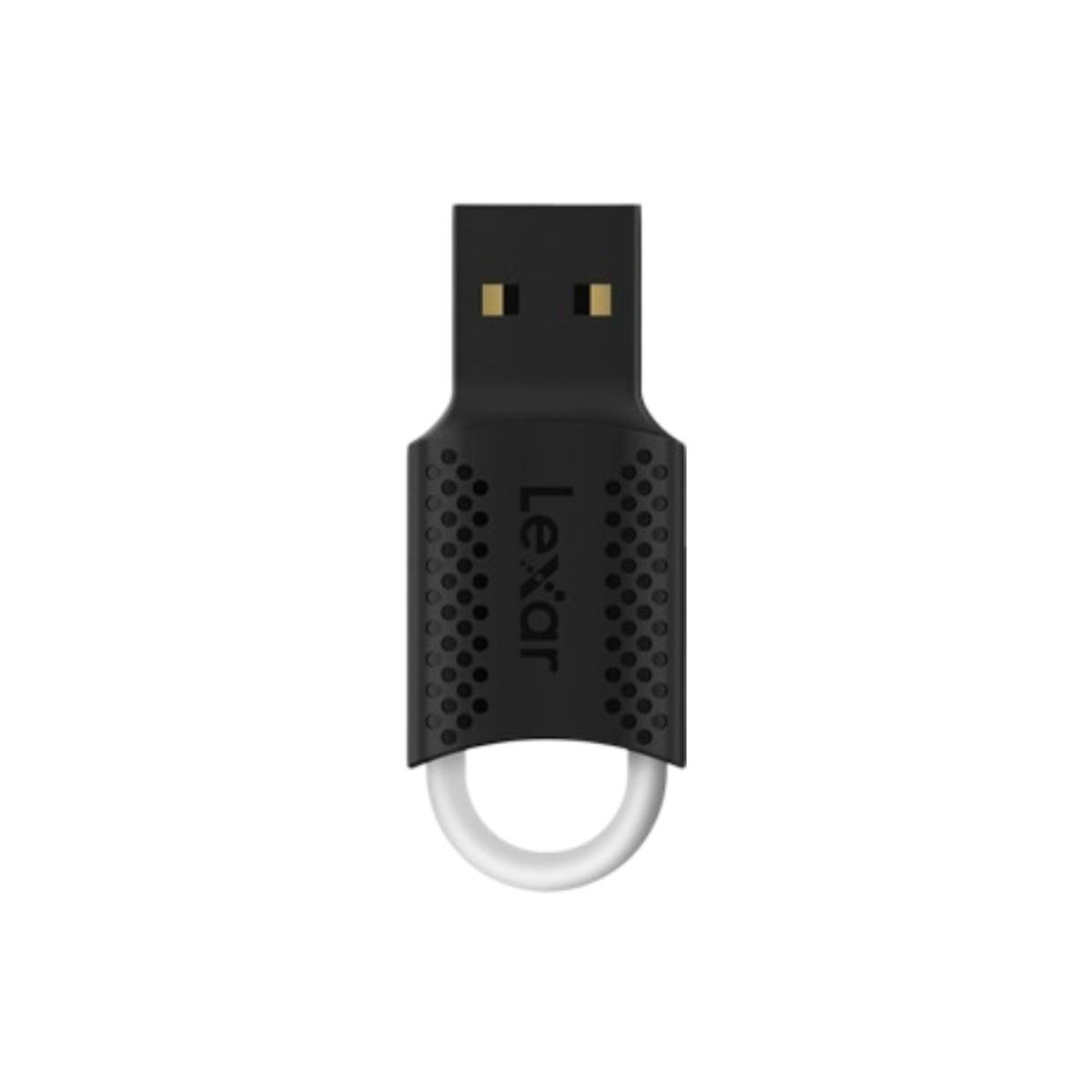 Chiavetta USB Lexar nera con anello bianco. Il logo Lexar è visibile.