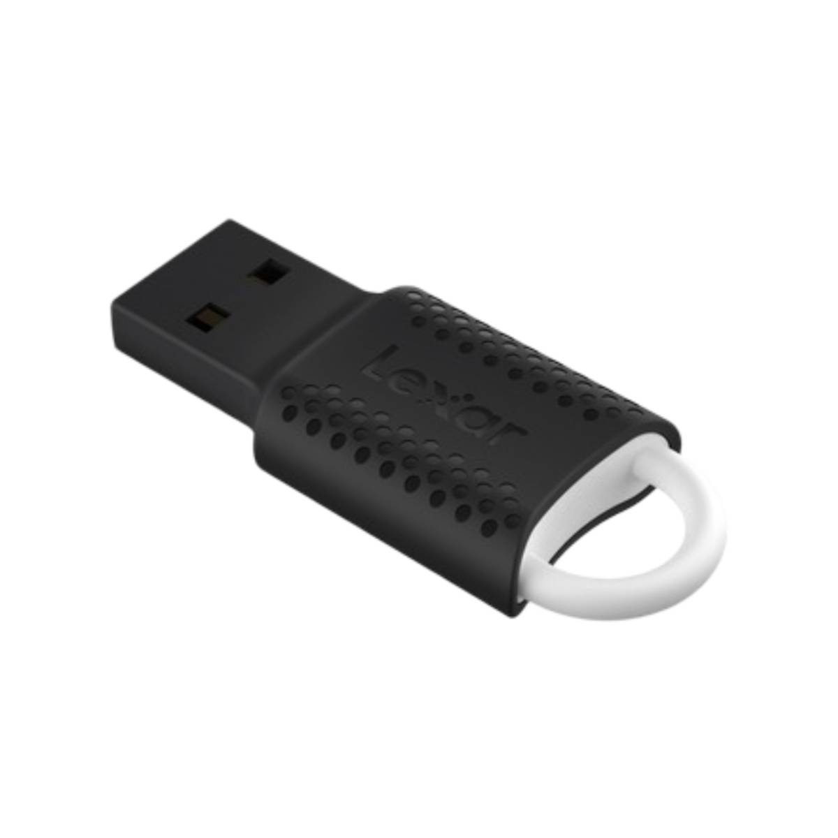 Chiavetta USB Lexar nera con un anello bianco per l'attacco a un portachiavi.