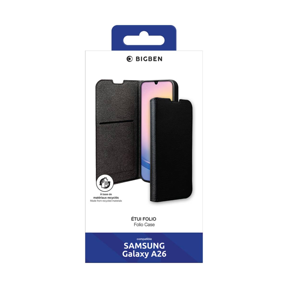 Una scatola di custodia per telefono con un telefono Samsung all'interno. La scatola ha un design blu e bianco.