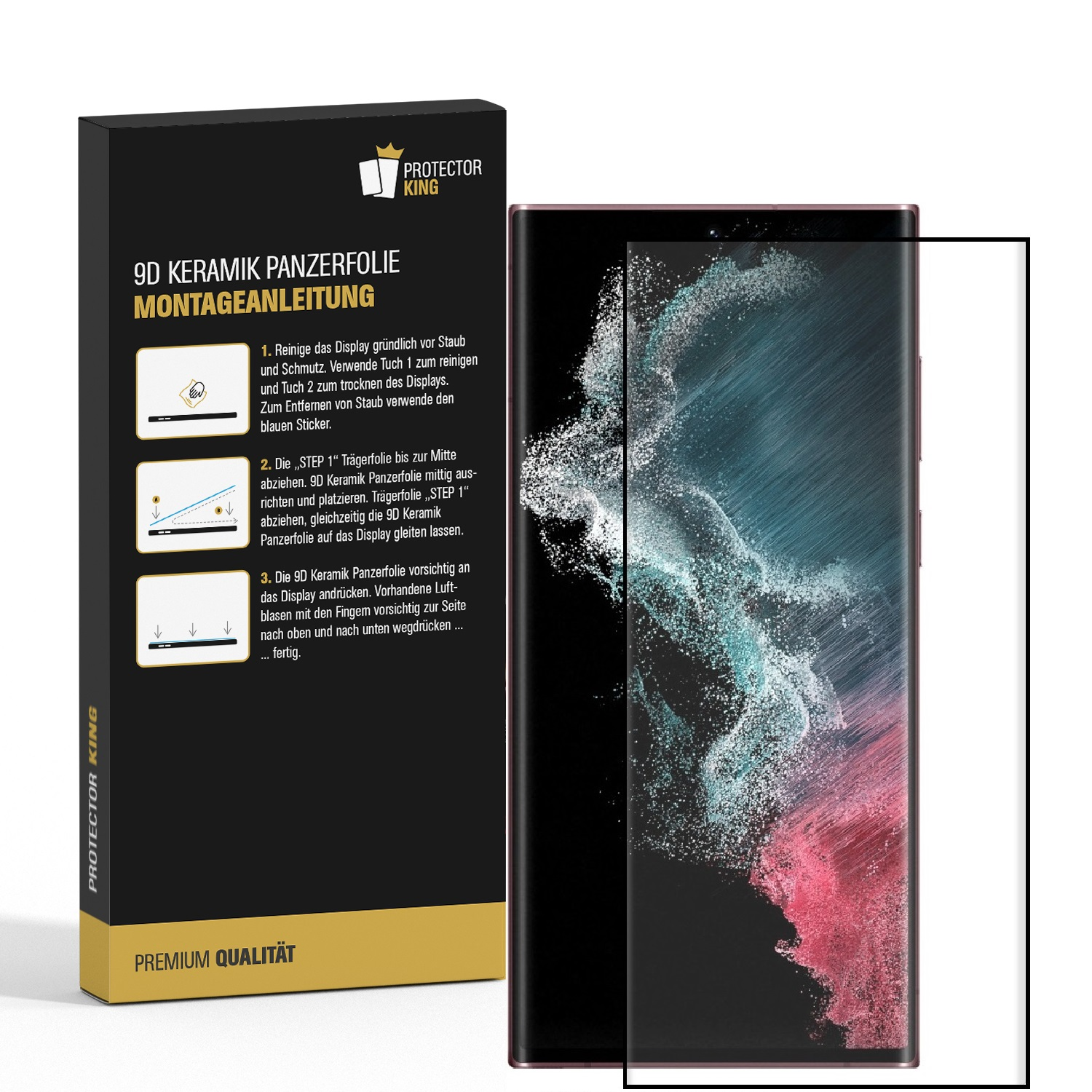 Displayschutzfolienbox und Telefon mit angebrachter Displayschutzfolie. Das Telefon hat einen rosa-blauen Hintergrund.