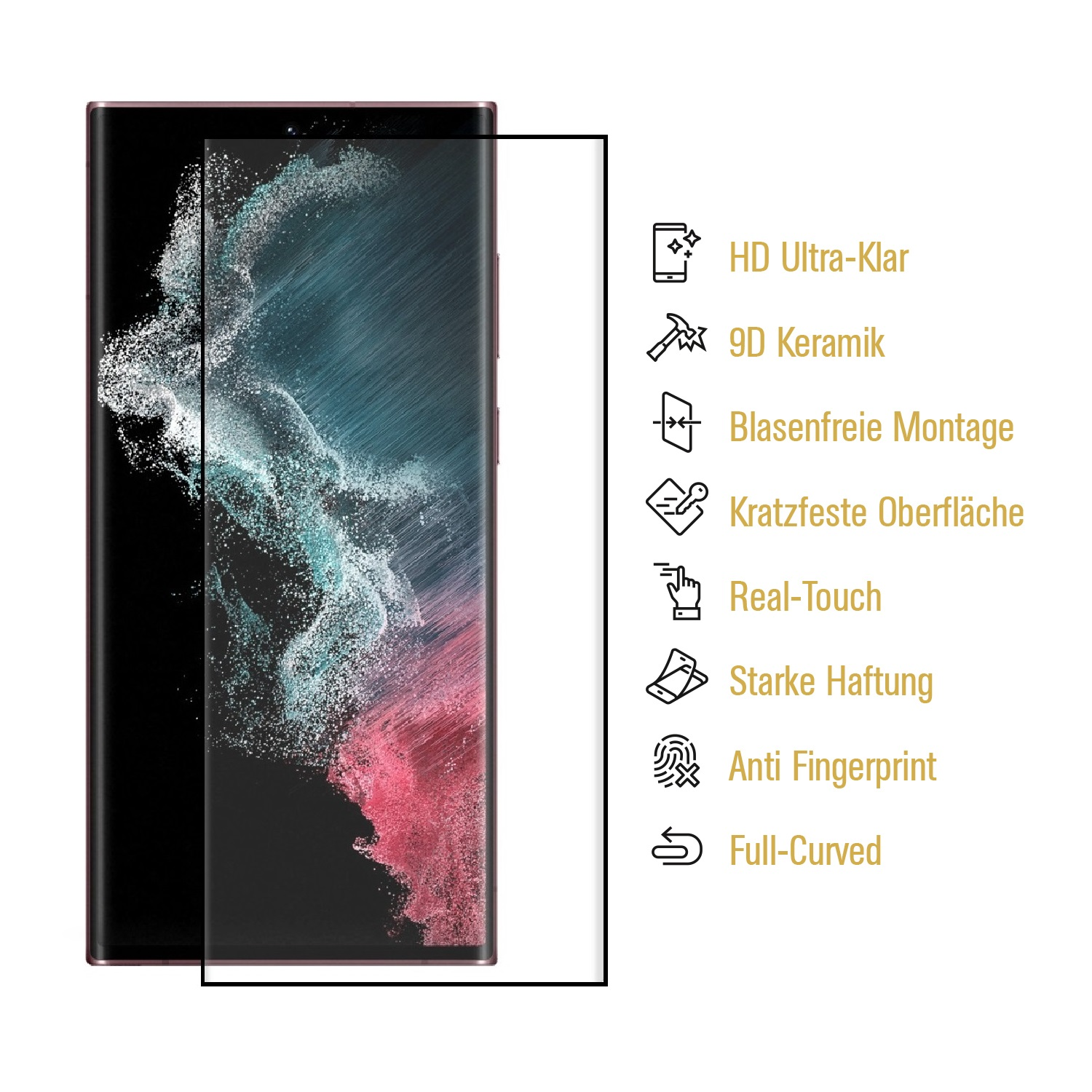 Ein Smartphone-Bildschirm mit Displayschutz und Symbolen auf weißem Hintergrund.