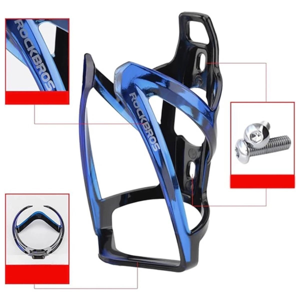 Blauer und schwarzer Fahrrad-Wasserflaschenhalter mit ROCKBROS-Logo, Schrauben werden gezeigt.