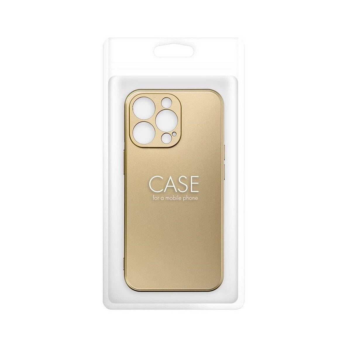 Eine goldene Handyhülle in einer transparenten Plastikverpackung. Die Hülle hat ein Kamera Loch.