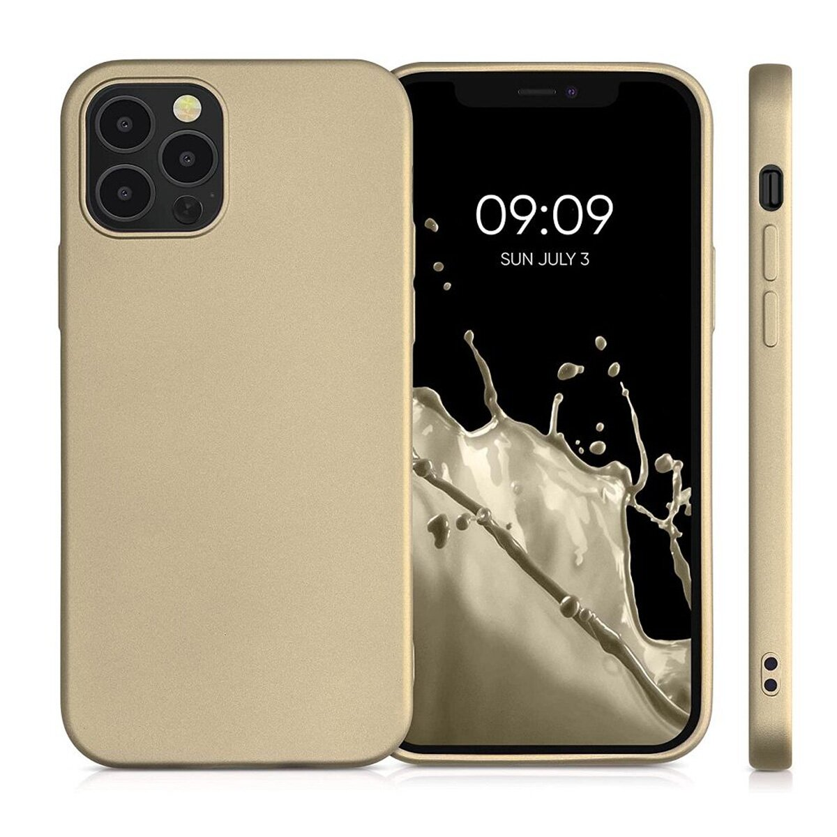 Drei Ansichten eines goldenen Telefons mit Hülle. Zeigt Bildschirm und Seitenprofil.