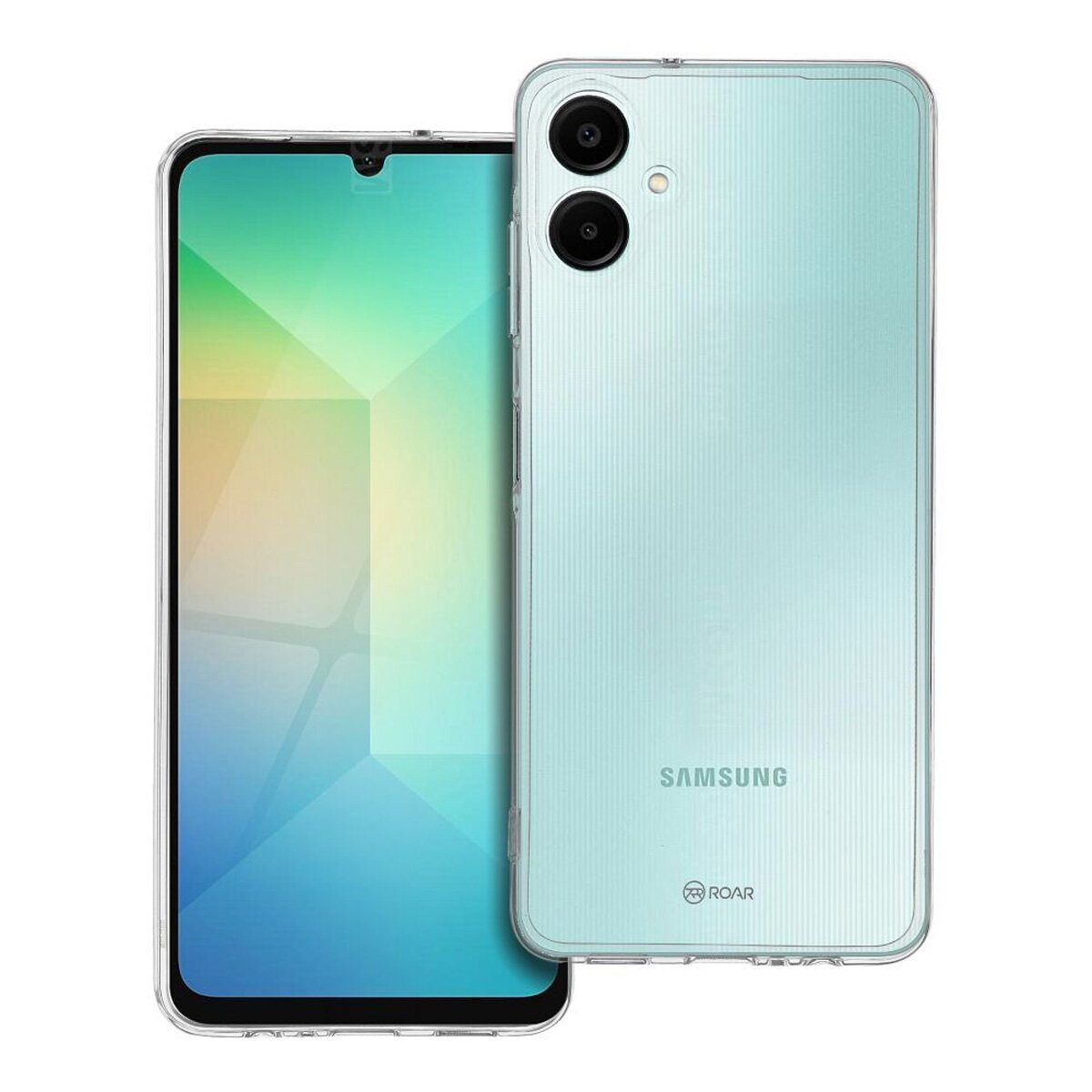Ein hellblaues Telefon mit einer transparenten Hülle. Das Telefon hat zwei Kameras. Logos sind sichtbar.