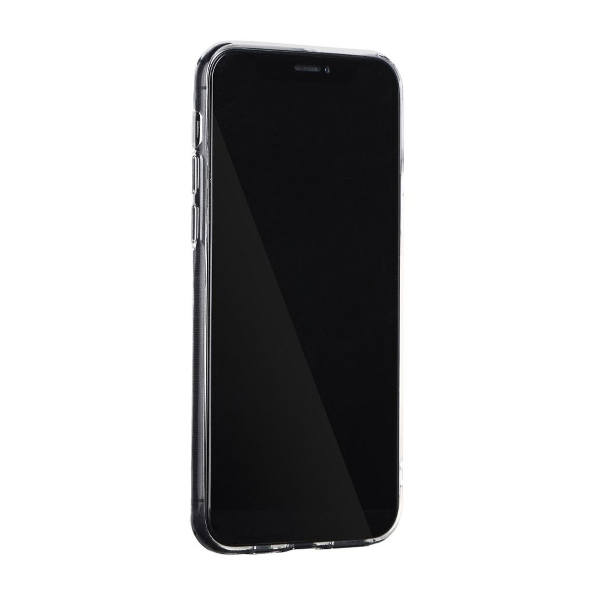 Ein schwarzes Smartphone mit einer transparenten Hülle auf weißem Hintergrund.