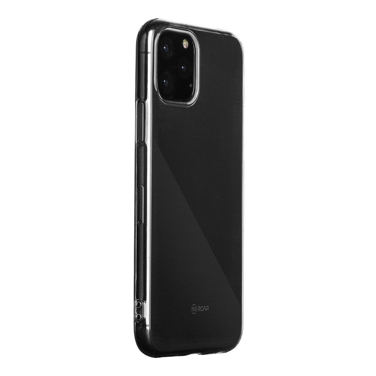 Transparente Handyhülle mit schwarzer Rückseite, Telefon sichtbar.