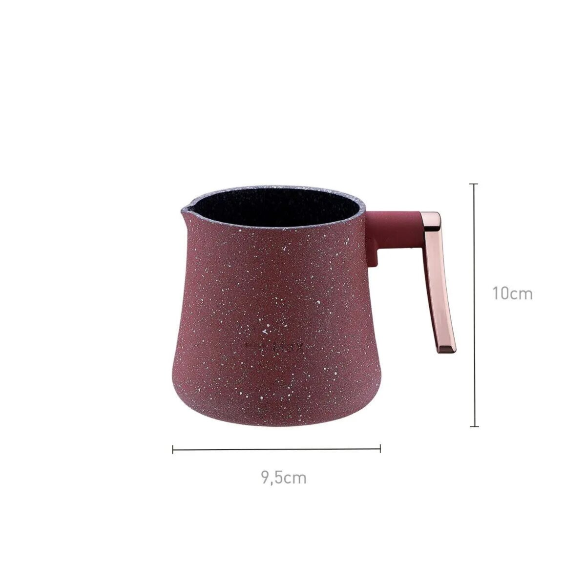 Maronenfarbener, gesprenkelter Keramikkrug mit goldenem Griff, mit 10cm und 9,5cm markiert.