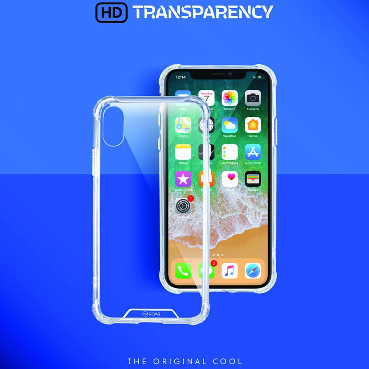 Transparente Handyhülle neben einem Smartphone mit App-Icons, auf blauem Hintergrund.