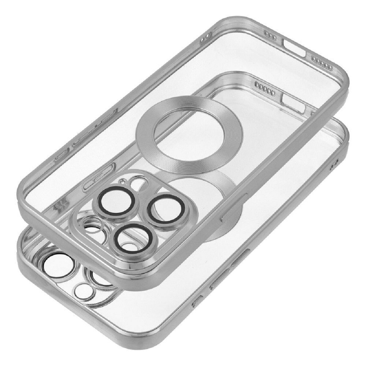 Silberne Handyhülle mit transparenten Abschnitten für Kameralinsen.