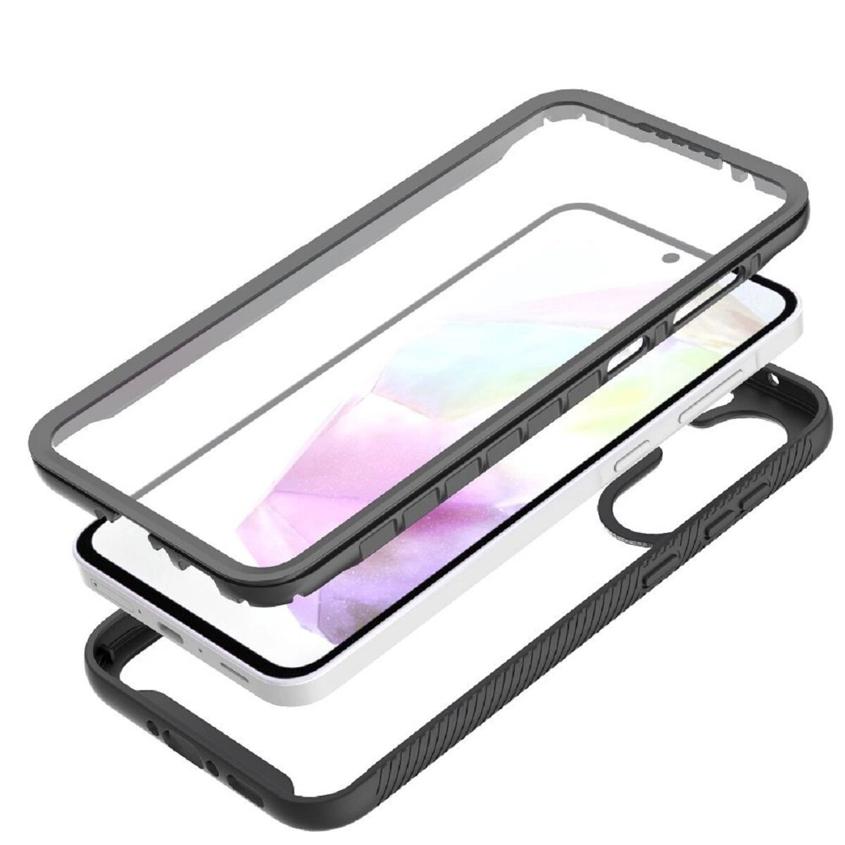Eine transparente Schutzhülle für das Telefon, zerlegt. Beinhaltet einen Rahmen, eine Rückplatte und eine klare Abdeckung.