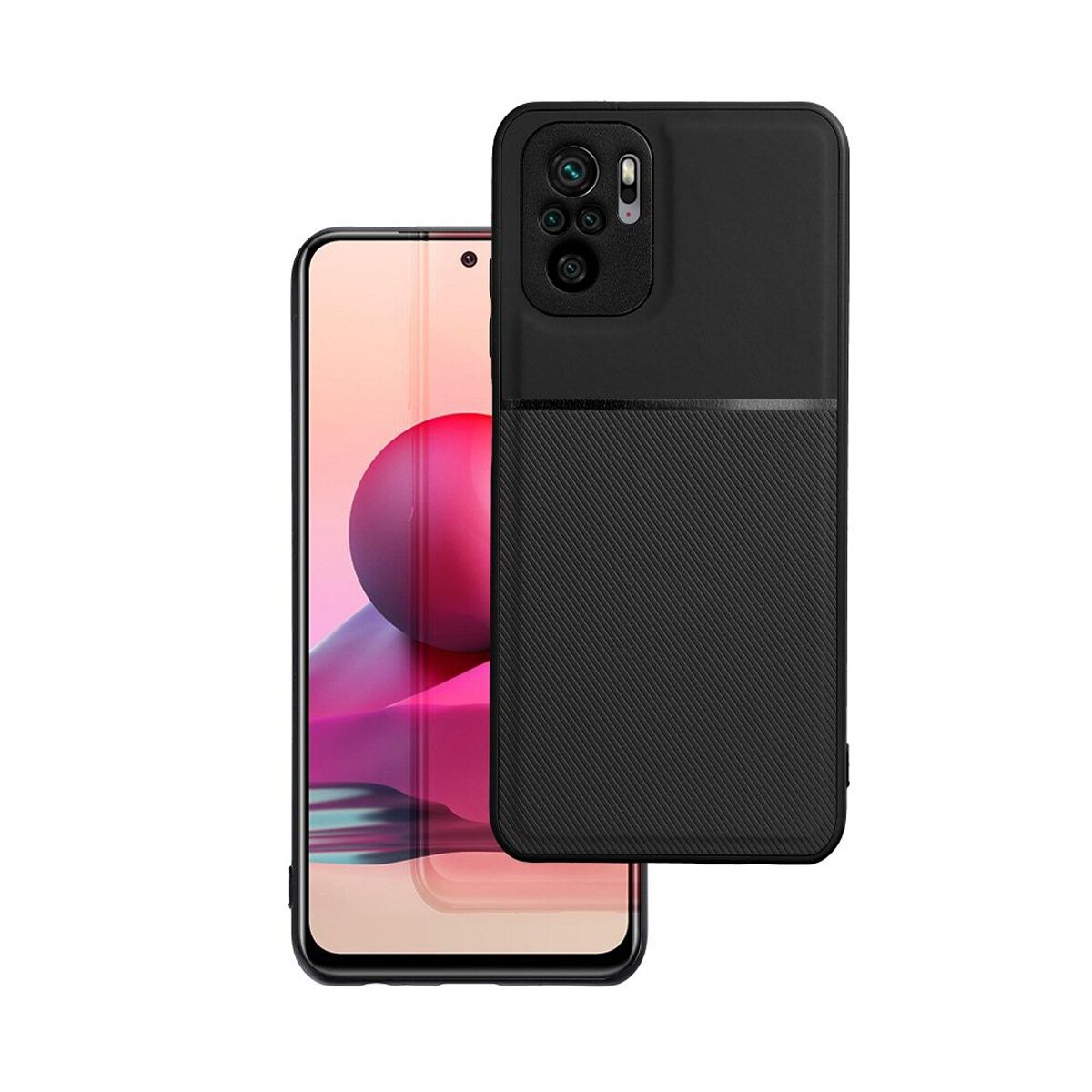 Schwarz-graue Handyhülle auf dem Telefon. Schwarzes Gehäuse mit gestreiftem Unterteil.