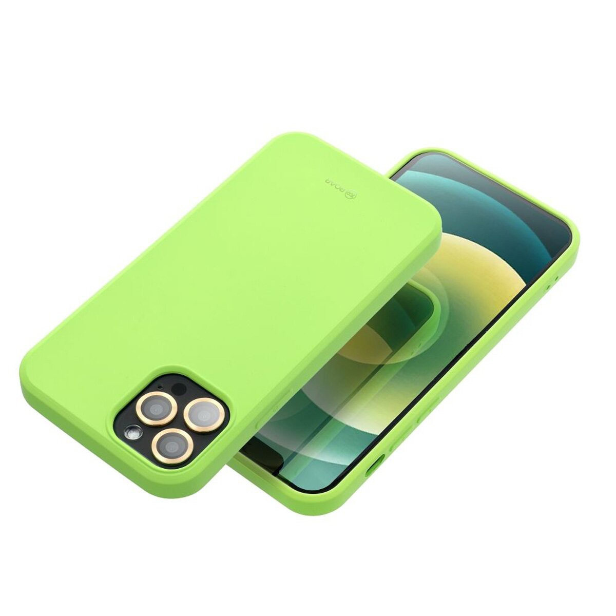 Grüne Handyhülle auf weißem Hintergrund. Die Handyhülle ist für ein iPhone.