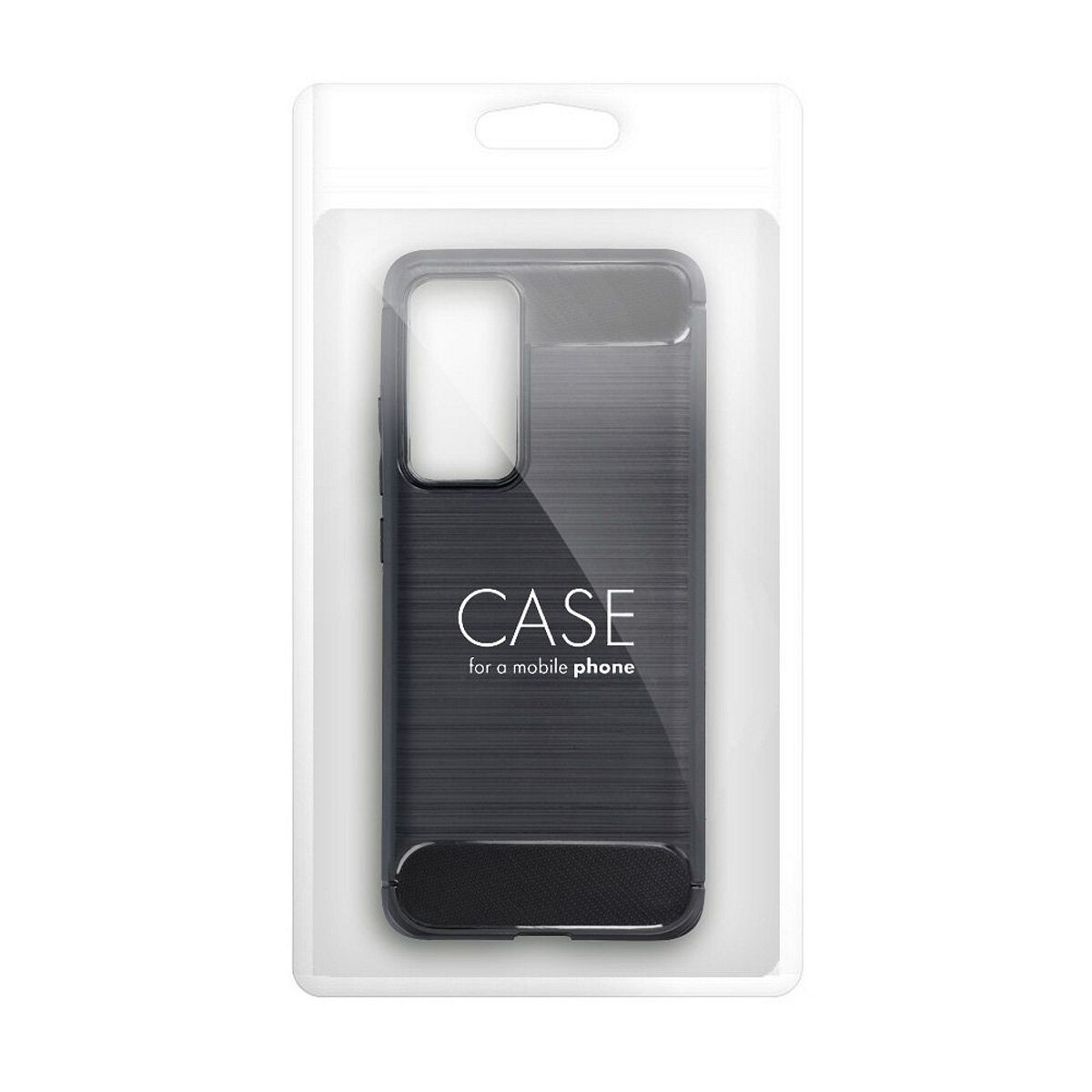 Eine transparente Plastikverpackung hält eine dunkelgraue Handyhülle mit dem Wort 'CASE'.