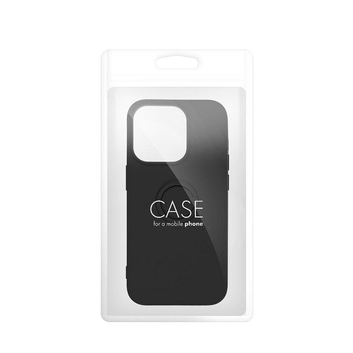 Schwarze Handyhülle in einer transparenten Plastikverpackung. Die Hülle hat einen Kameraausschnitt und ein Logo.