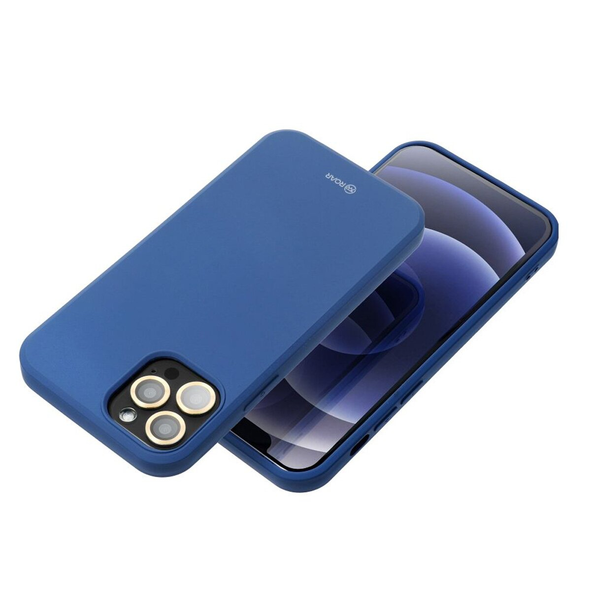Blaue Handyhülle, mit einem Telefon darin. Die Hülle bedeckt die Rückseite des Telefons, die Kamera ist sichtbar.