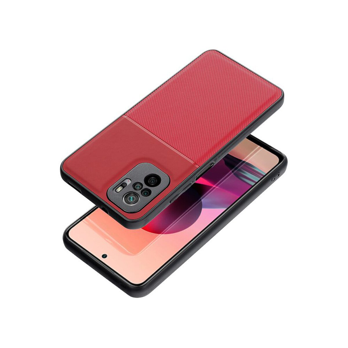 Rote Handyhülle mit schwarzem Oberteil und Telefon im Inneren. Die Hülle ist geöffnet.