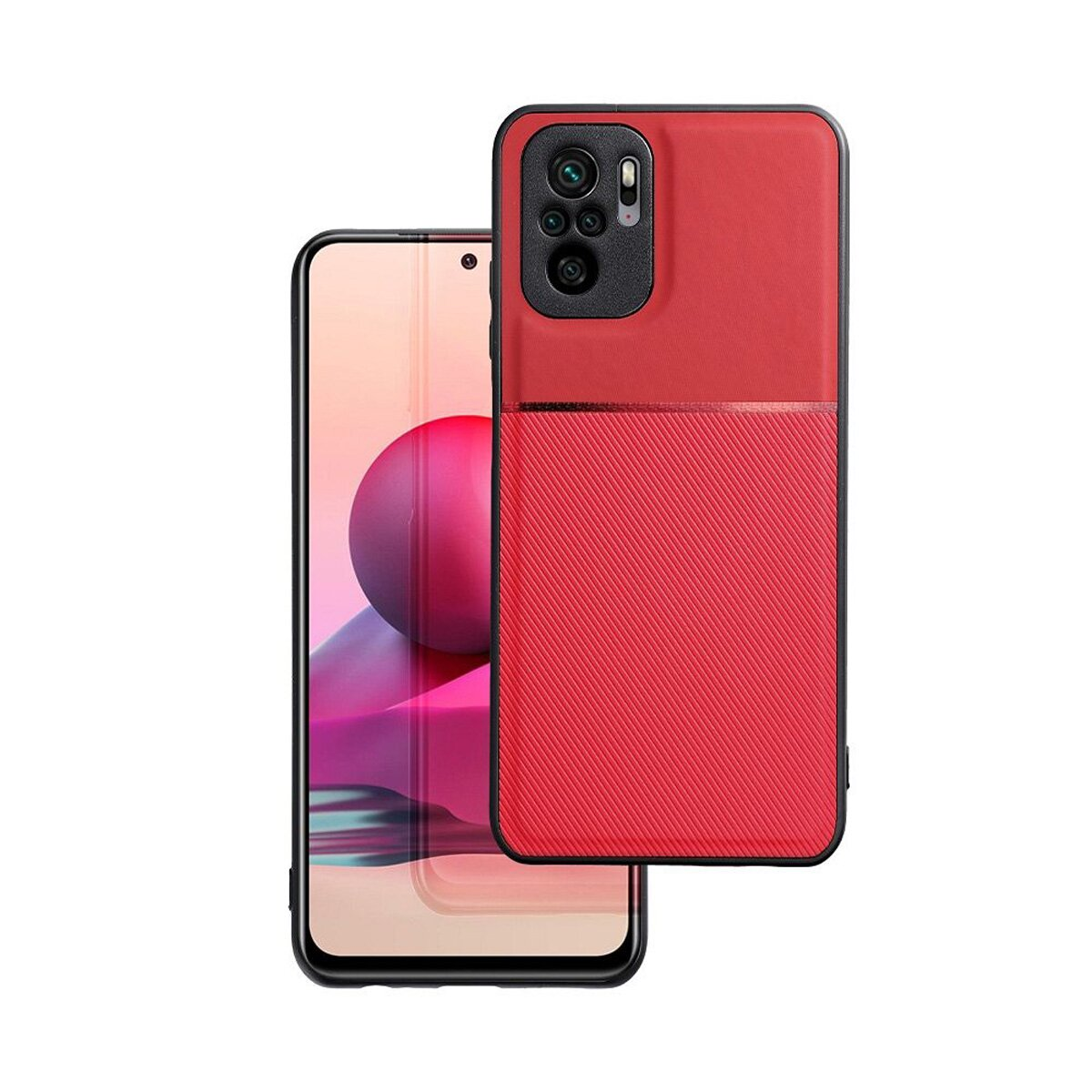 Rote Handyhülle mit schwarzem Kamerabereich, die ein Telefon bedeckt. Telefon vor einem anderen.