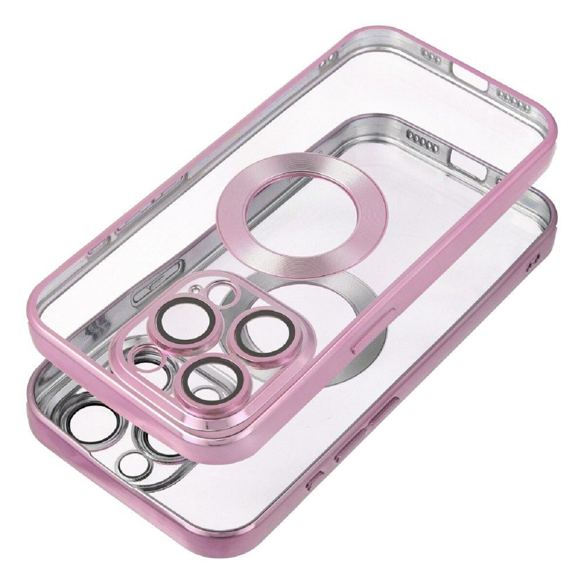 Transparente Handyhülle mit rosa Kameraschutz und Ring. Das Telefon befindet sich in der Hülle.