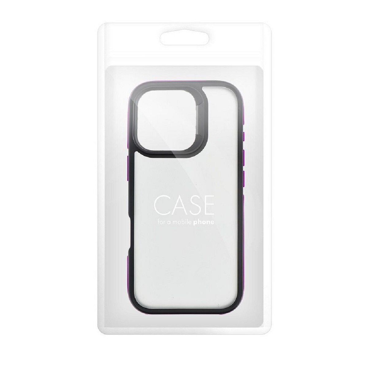 Transparente Handyhülle in einer Plastikverpackung. Schwarze und lila Akzente. Das Wort CASE ist sichtbar.