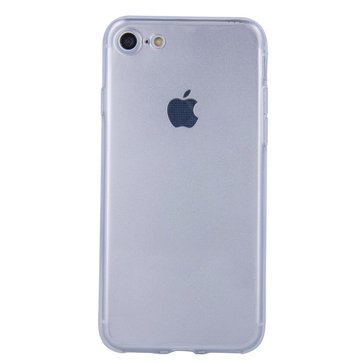 Eine Telefonrückseite mit silbernem Finish und Apple-Logo mit klarer Plastikhülle.