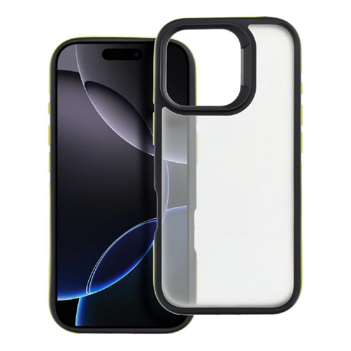 Telefon mit Displayschutz, transparentem Gehäuse und gelbem Rahmen.