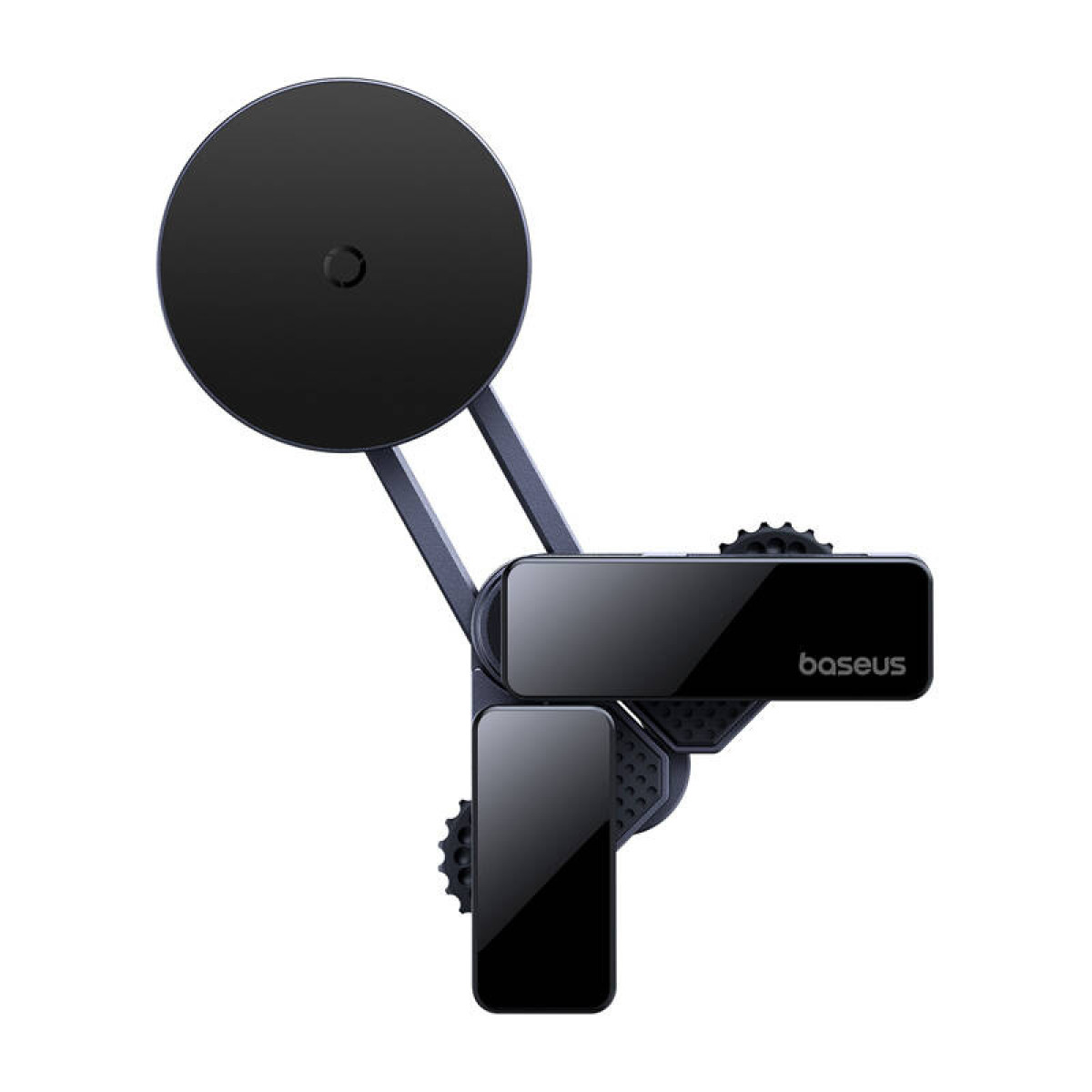 Czarny uchwyt do telefonu samochodowego. Posiada okrągły uchwyt magnetyczny i dwie prostokątne części.