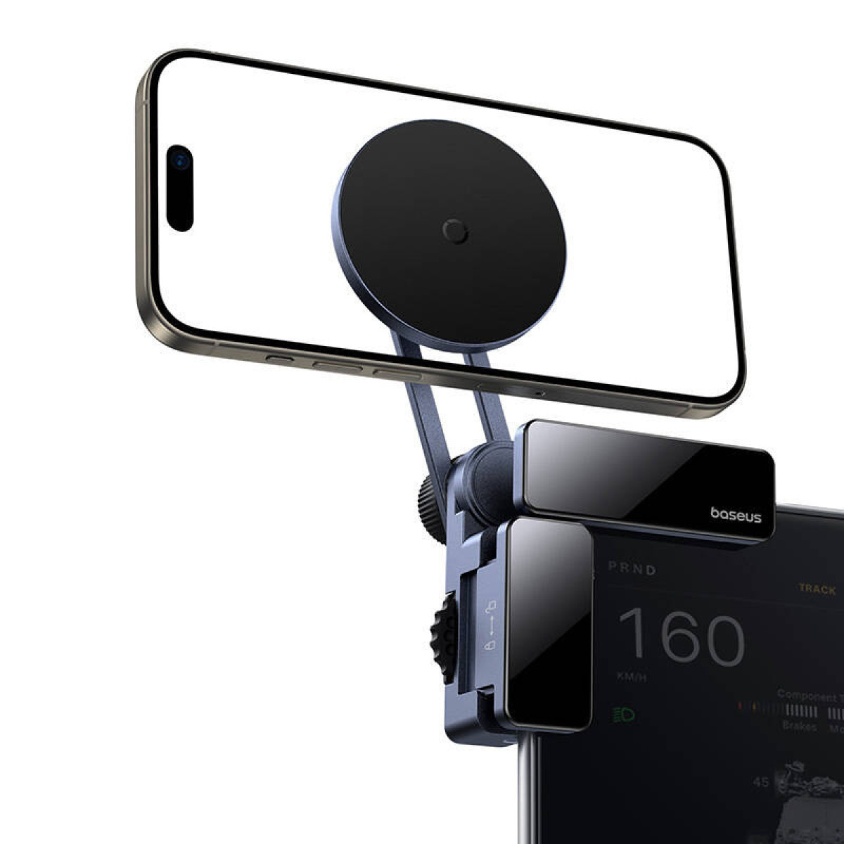 Telefon zamontowany na desce rozdzielczej samochodu, pokazujący prędkość. Czarny uchwyt.